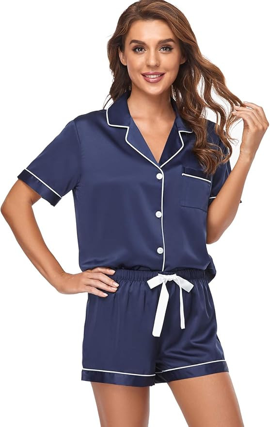 Serenedelicacy Women's Satin Pajama Set 2-Piece Sleepwear Loungewear Button Down Short Sleeve PJ ... | Amazon (US)