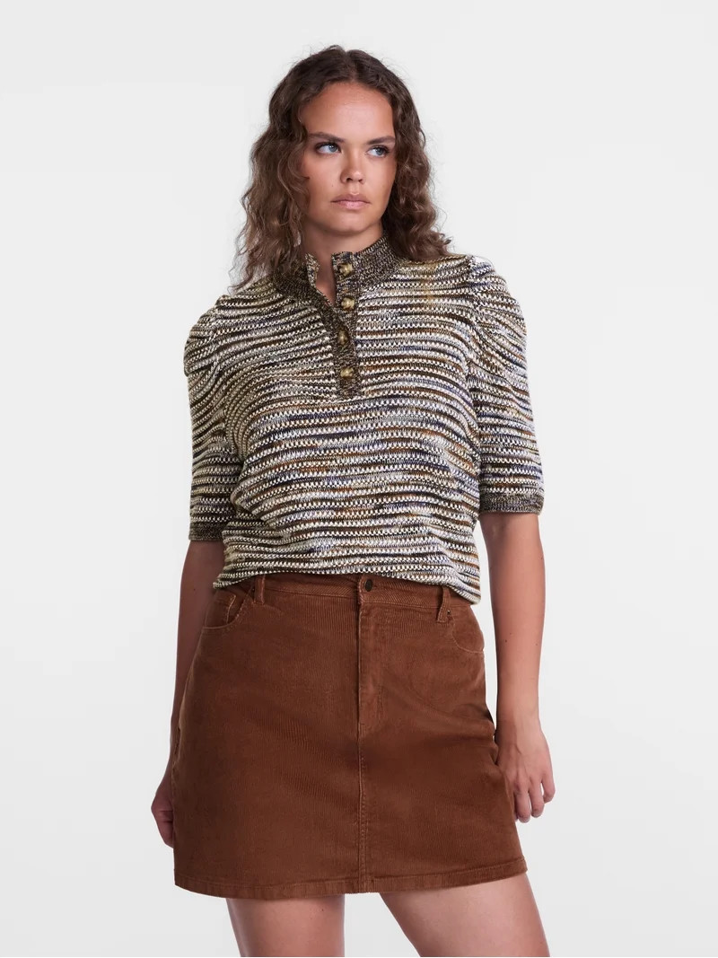 Scenario Women's and Women's Plus Henley Sweater with Puff Sleeves, Lightweight, Sizes XS-4X | Walmart (US)