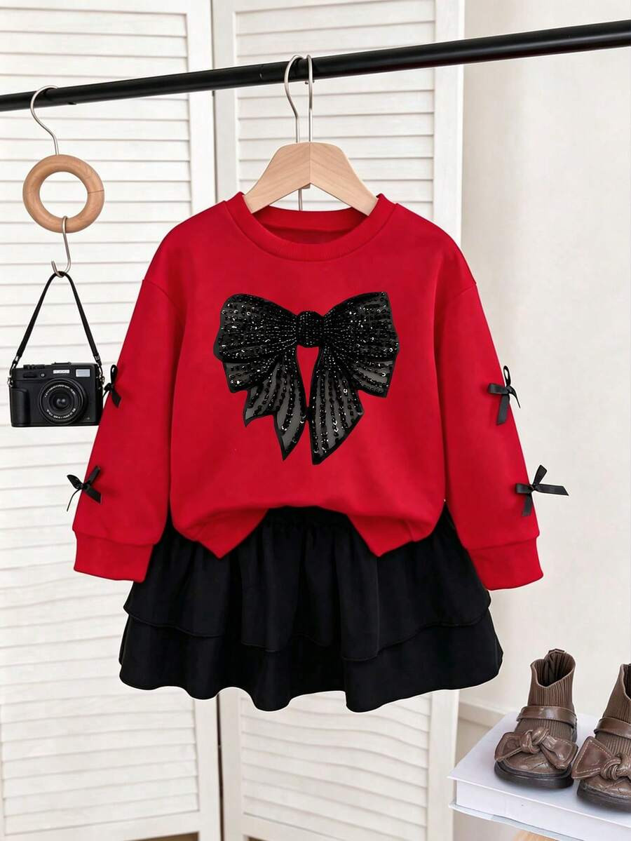 Young Girl Cartoon Print Crew Neck Long Sleeve Sweatshirt And Skirt Set | SHEIN