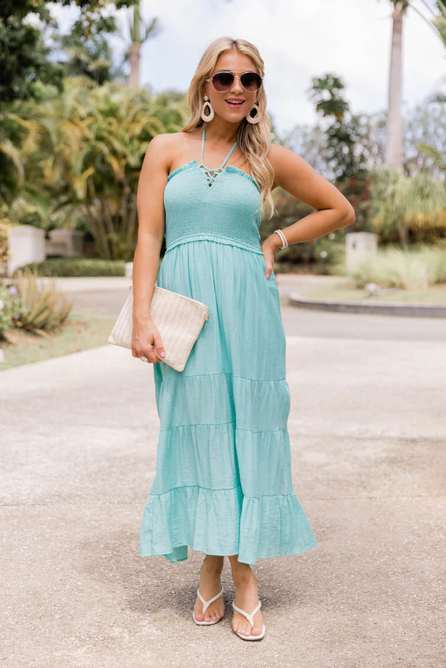 Pretty And Poised Aqua Halter Midi Dress FINAL SALE | Pink Lily