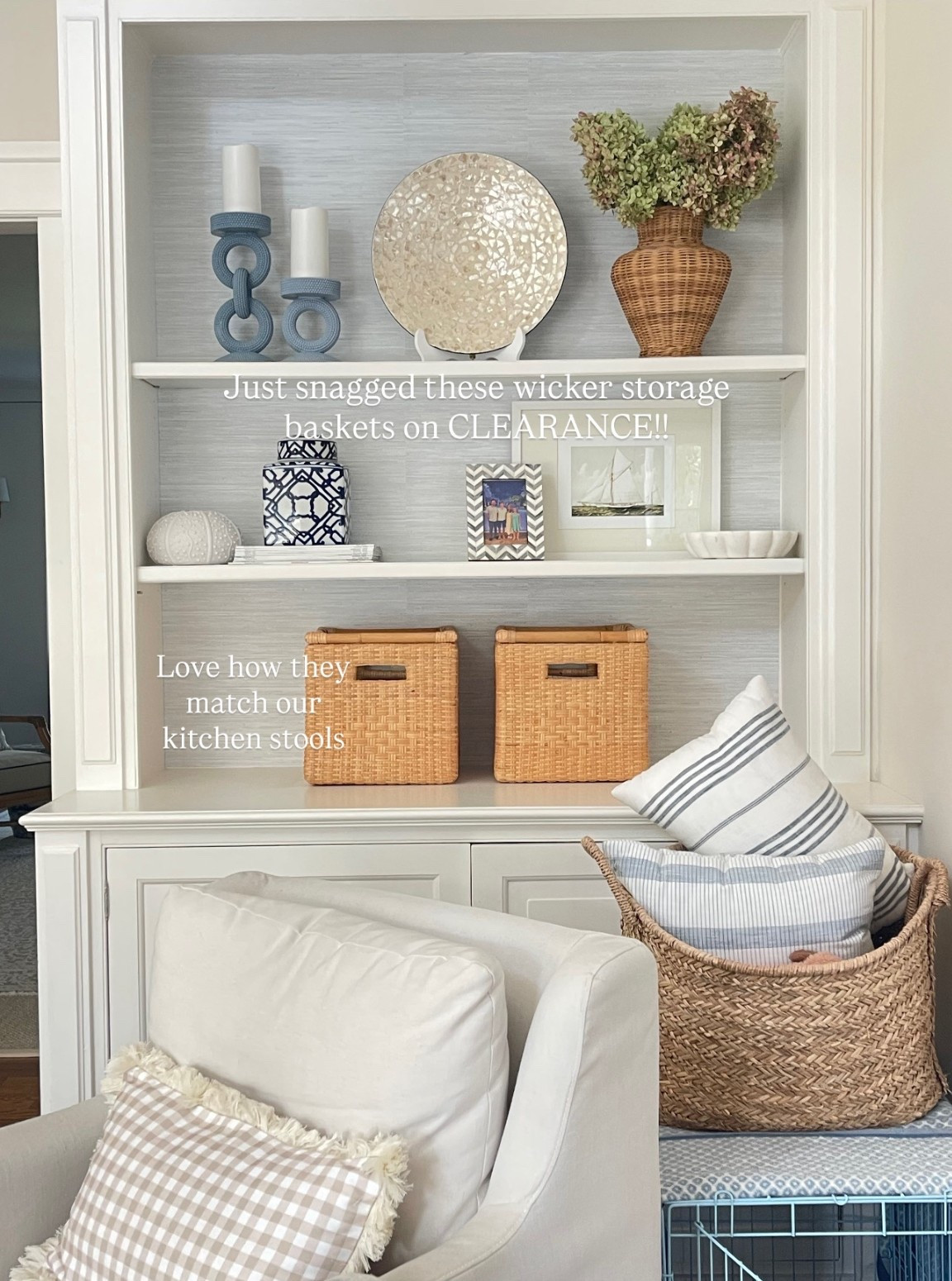 LOVE these new wicker storage baskets I just scored on clearance!! 🙌🏻 only a few left in this color (they match our kitchen counter stools!!) but also love the light blue they come in!

Most of the other decor on these shelves is from HomeGoods 🤍

#LTKFindsUnder100 #LTKHome #LTKSaleAlert