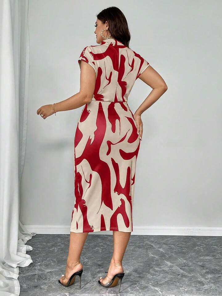 Elenzga Plus Size All-Over Print Ruched Stand Collar Short Sleeve Dress Women Outfit, For Summer | SHEIN