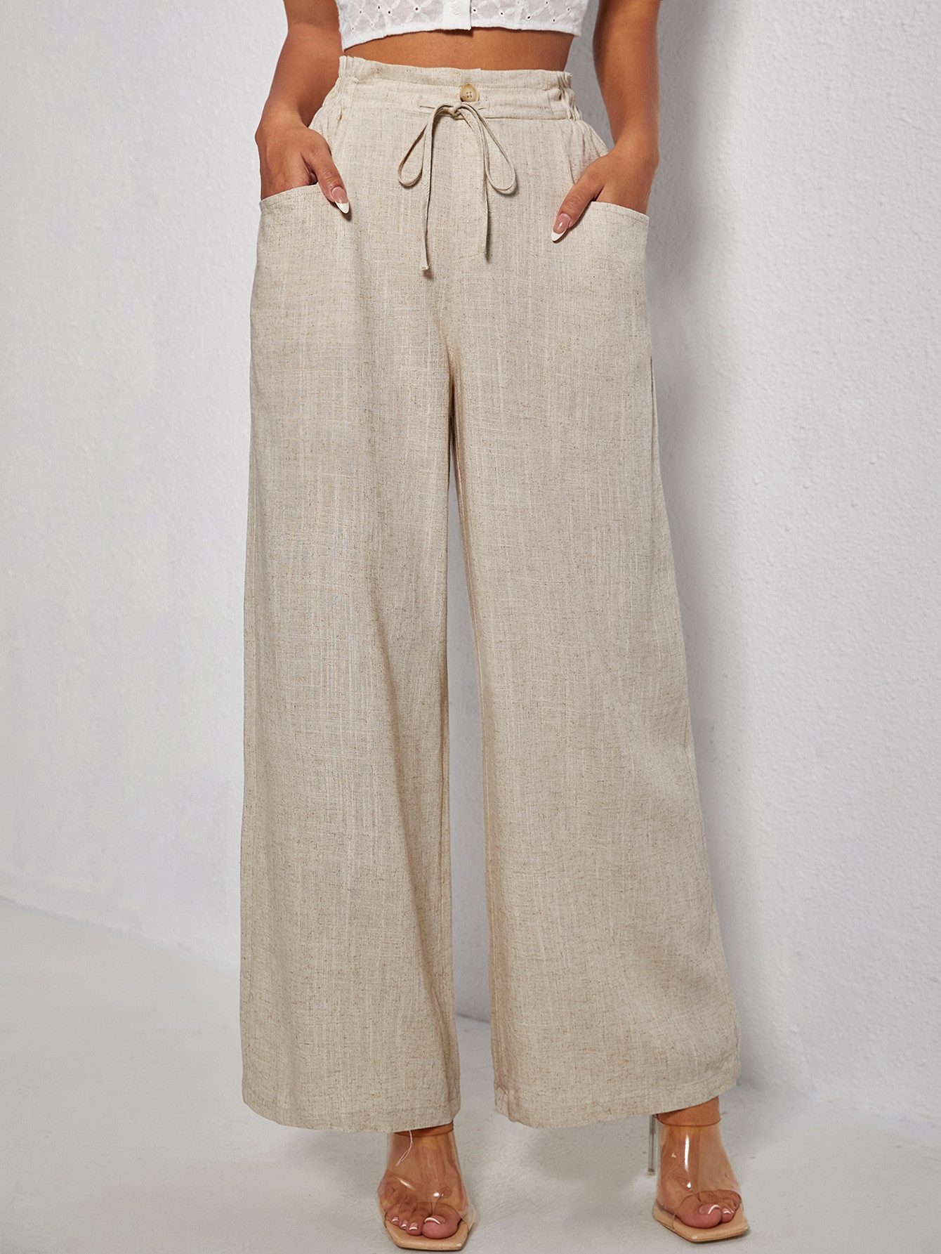 SHEIN PETITE Paperbag Waist Drawstring Wide Leg Pants | SHEIN
