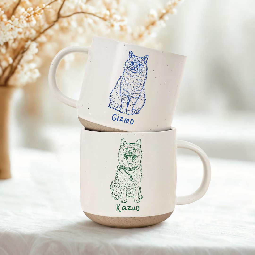 Custom Pet Portrait Pottery Mug With Name, Personalized Dog Portrait Minimalist Coffee Mug, Retro... | Etsy (US)