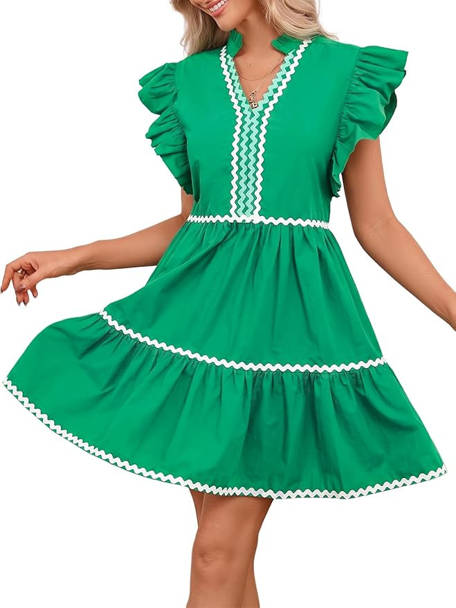 LifeShe Women's Summer Mini Dress V Neck Flutter Sleeve Babydoll Dresses Striped Ruffle A Line Be... | Amazon (US)