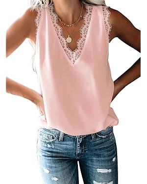 BLENCOT Women Tank Tops V Neck Sleeveless Lace Blouse Casual Vest Summer Camisole Shirts | Amazon (US)