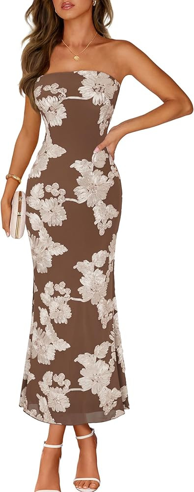 MEROKEETY Women's Floral Strapless Maxi Dress 2026 Summer Mesh Tube Bodycon Formal Wedding Guest ... | Amazon (US)