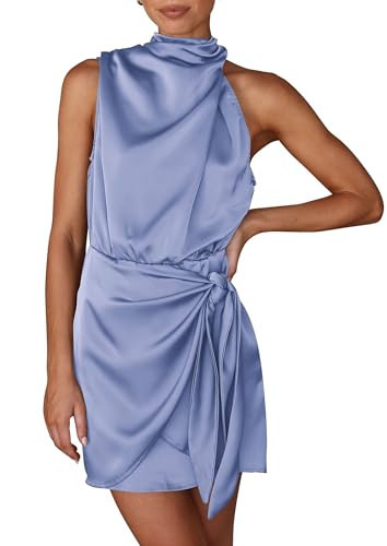 PRETTYGARDEN Women's Short Formal Satin Dress Summer Sleeveless Mock Neck Tie Waist Cocktail Party Dresses (Blue,Small) | Amazon (US)