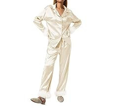 BHGHB Womens Silk Satin Pajamas Loungewear Feather Decoration Two-piece Sleepwear Lapel Button-Do... | Amazon (US)