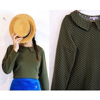 Handmade Green Vintage Cotton Polka Dot Sweater With Peter Pan Polo [Dublin Sweater/Green Dots] | Etsy (US)
