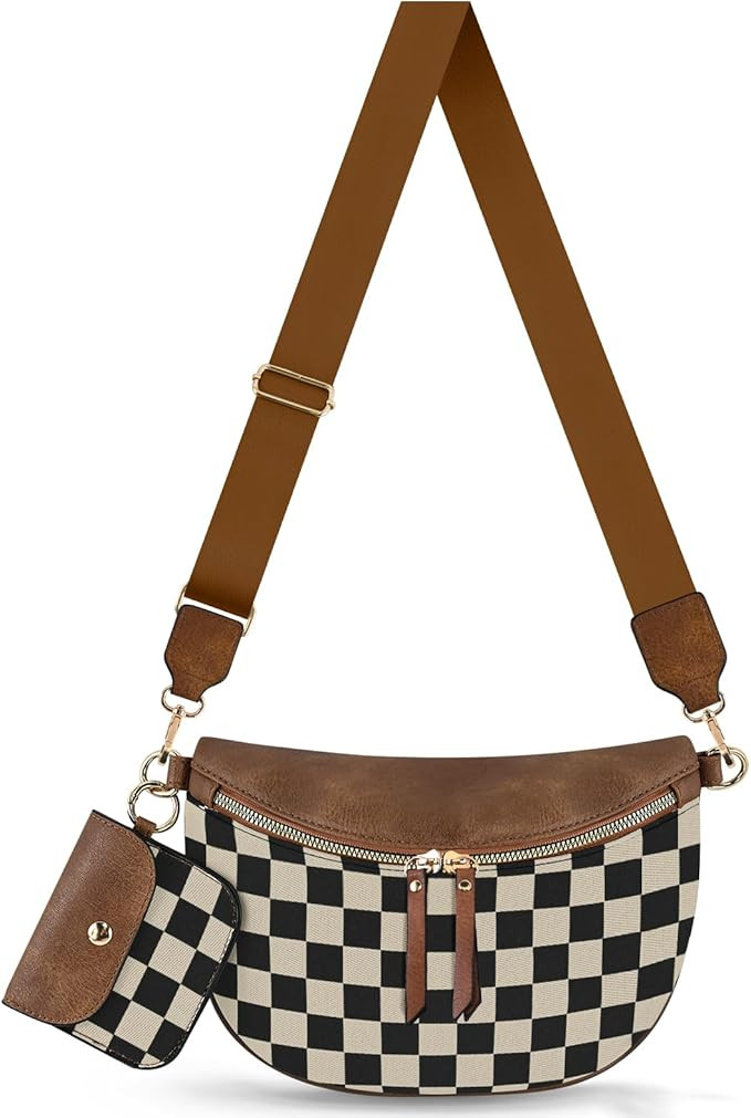Checkered Crossbody Bag Bum Bags for Women Crossbody PU Leather Checkered Wallet Belt Bag Crossbo... | Amazon (US)