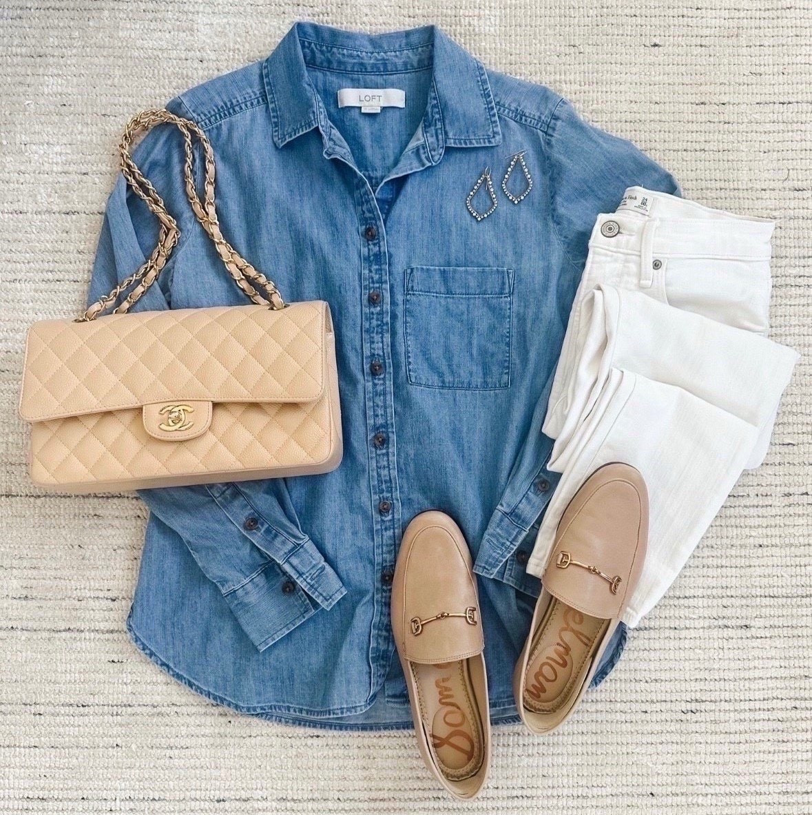 Casual spring outfit with white jeans, chambray pocket shirt paired with my favorite loafers and accessories. Love this look for casual workwear, weekend outfit or grabbing dinner! 

#LTKSeasonal #LTKootd