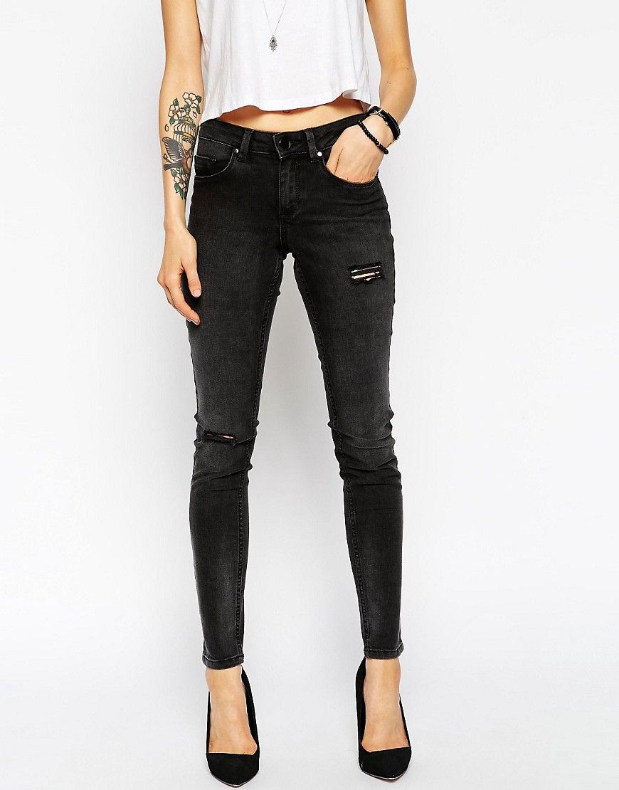 ASOS Skinny Mid Rise Jeans in Gospel Wash with Ripped Knees and Thigh Rip - Gospel wash | ASOS US