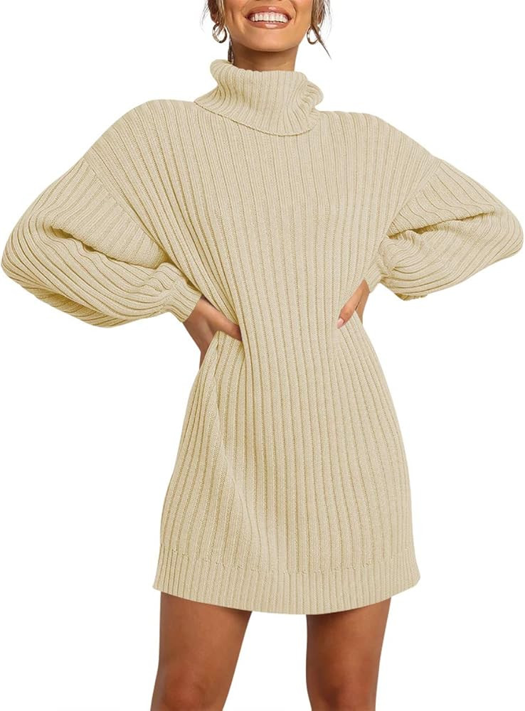 Margrine Women Turtleneck Long Lantern Sleeve Casual Loose Oversized Sweater Dress Soft Warm Pull... | Amazon (US)