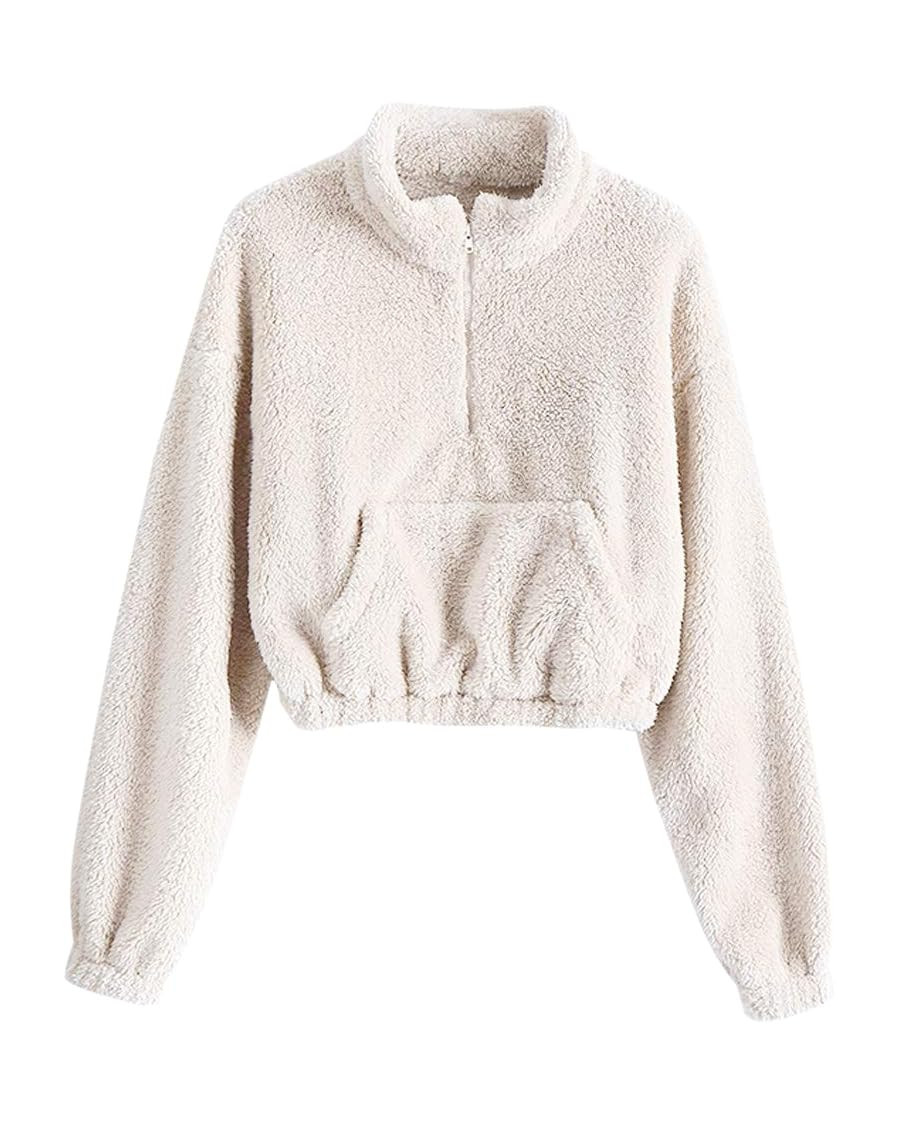 ZAFUL Women's Long Sleeve Hoodie Faux Fur Solid Color Crop Pullover Sweatshirt Tops (1-White-Fron... | Amazon (US)