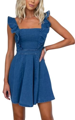 Women’s Summer Ruffle Sleeveless Adjustable Strap Denim Mini Dress Casual Backless A Line Short Dress (Large,Dark Blue) | Amazon (US)