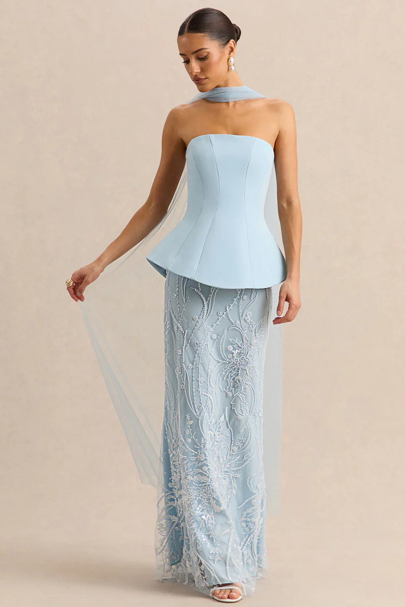 Lorna  Powder Blue Bandeau Maxi Dress With Scarf | Club L London