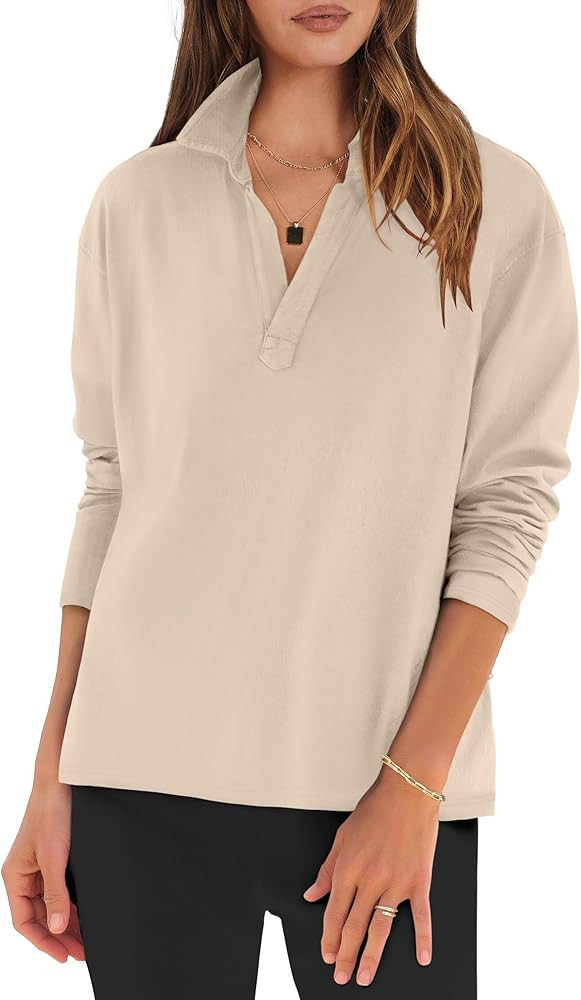 ANRABESS Women Long Sleeve Polo Shirts Casual V Neck Collared Boxy Fit Dressy Work Blouse Top Spr... | Amazon (US)