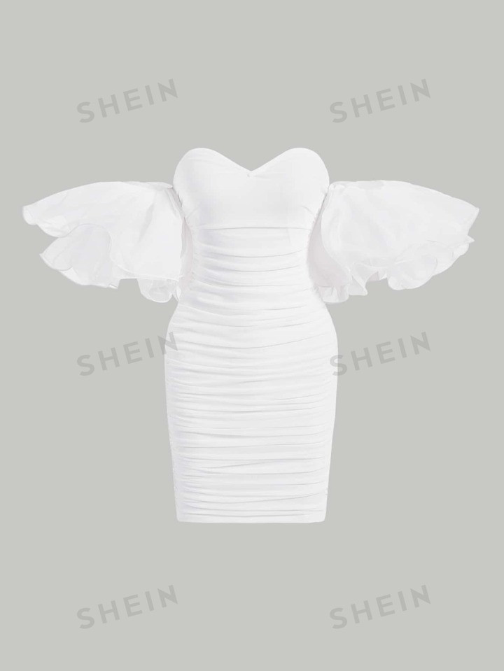 SHEIN MOD Off Shoulder Exaggerated Ruffle Trim Ruched Mesh Bodycon Dress | SHEIN