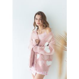 Pearly Contrast Heart Soft Fuzzy Knit Cardigan in Pink | Chicwish