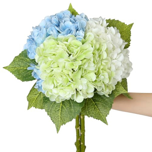 SITUMEIZI Hydrangea Artificial Flower Faux Hydrangea Flowers 21 Inch Latex Fake Hydrangeas 3Pc White Green Blue | Amazon (US)