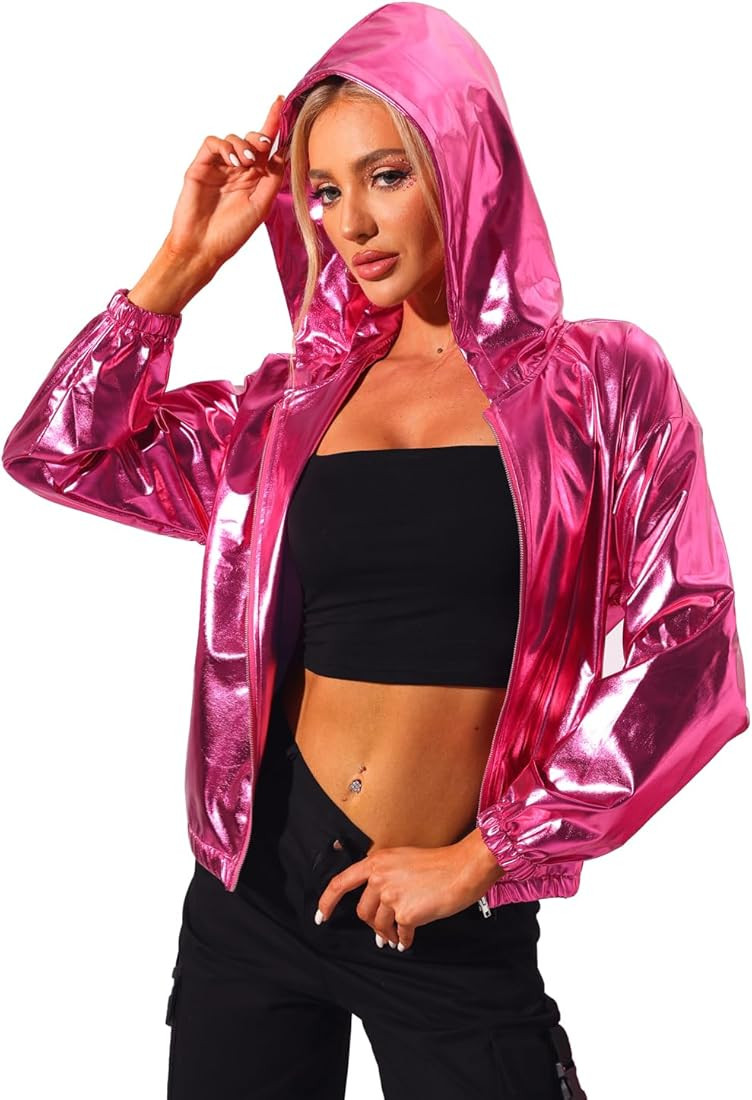 Women's Holographic Shiny Long Sleeve Zipper Hooded Metallic Jacket | Amazon (US)
