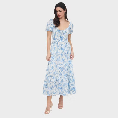August Sky Women's Front Keyhole with Self Tie Floral Midi Dress, Blue Multi, Small | Target