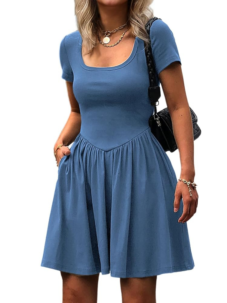 Women's Summer Casual Short Sleeve Mini Dress Square Neck A Line Pleated Swing Dresses Basic Shor... | Amazon (US)
