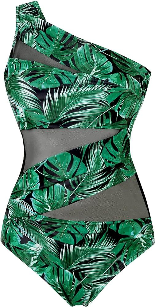 Runtlly Women's One Piece Swimsuits One Shoulder Plus Size Swimwear Bathing Suit with See Through Me | Amazon (US)