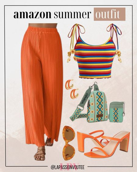 Channel boho vibes with palazzo pants, a striped tie-shoulder cropped top, triple hoop earrings, an Aztec sling bag, oversized cat-eye sunglasses, and square toe two-strap heeled sandals. Perfect for a chic summer look! 

#LTKFindsUnder100 #LTKStyleTip #LTKSeasonal