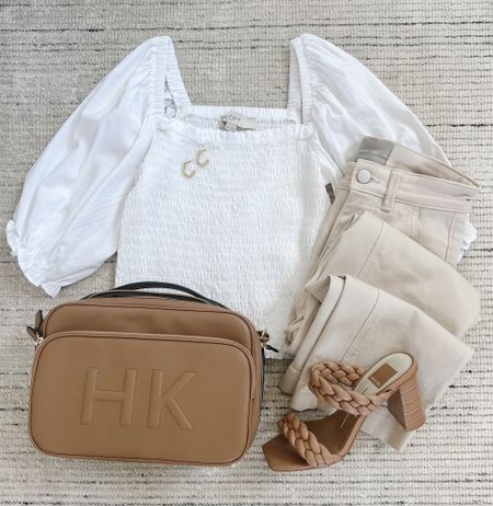 Smart casual summer outfit with white ruched puff sleeve top paired with tan pants and sandals for a chic look. Top is on sale for 30% off and would be perfect with shorts, skirts, pants and more! Slightly cropped, but not too short. 

#LTKstyletip #LTKSeasonal #LTKsalealert