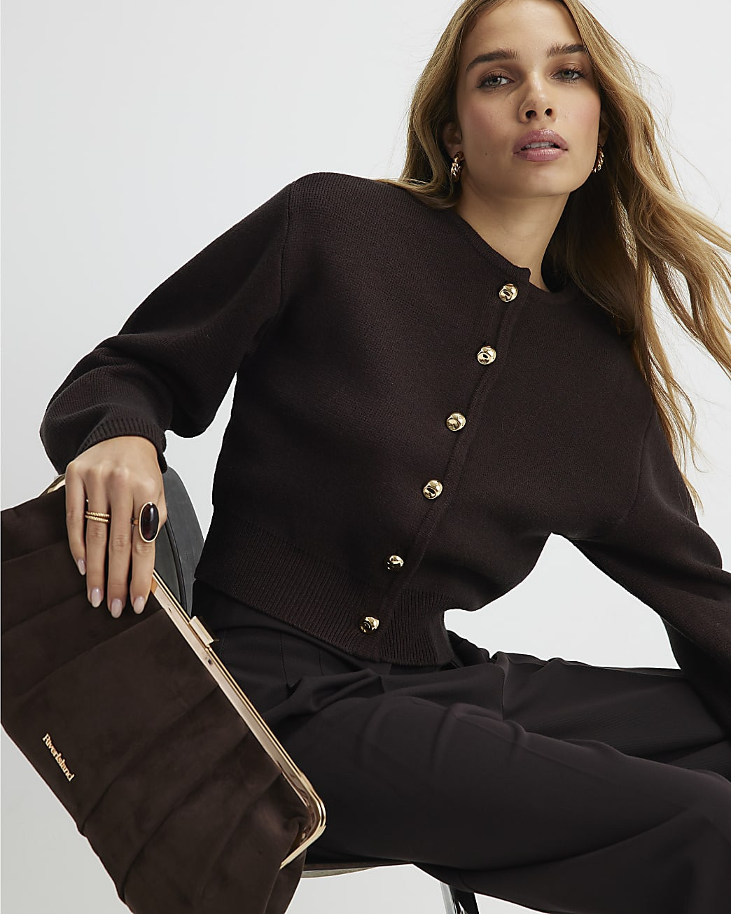 Brown Knitted Structured Sleeve Cardigan | River Island UK & IE
