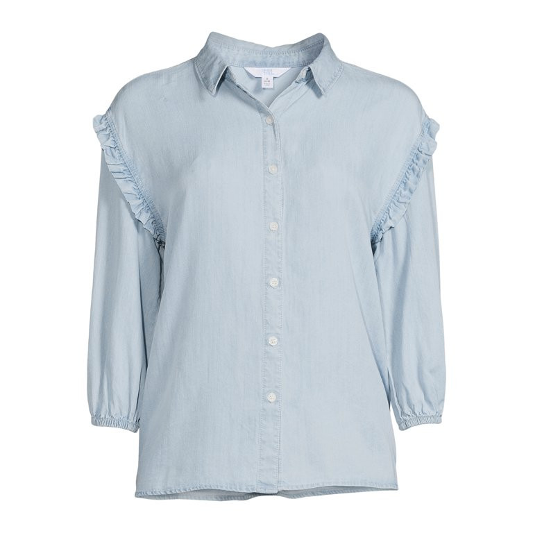 Time and Tru Women's Ruffle Sleeve Button Front Shirt | Walmart (US)