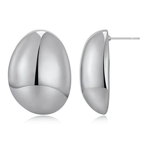 Big Silver Polished Oval Dome Earrings Chunky Hoop Earrings Thick Oversized Earrings | Amazon (US)