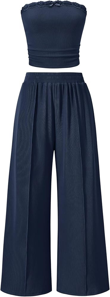ZESICA Two Piece Sets for Women Going Out Outfits 2026 Summer Crop Tube Tops and Wide Leg Pants M... | Amazon (US)