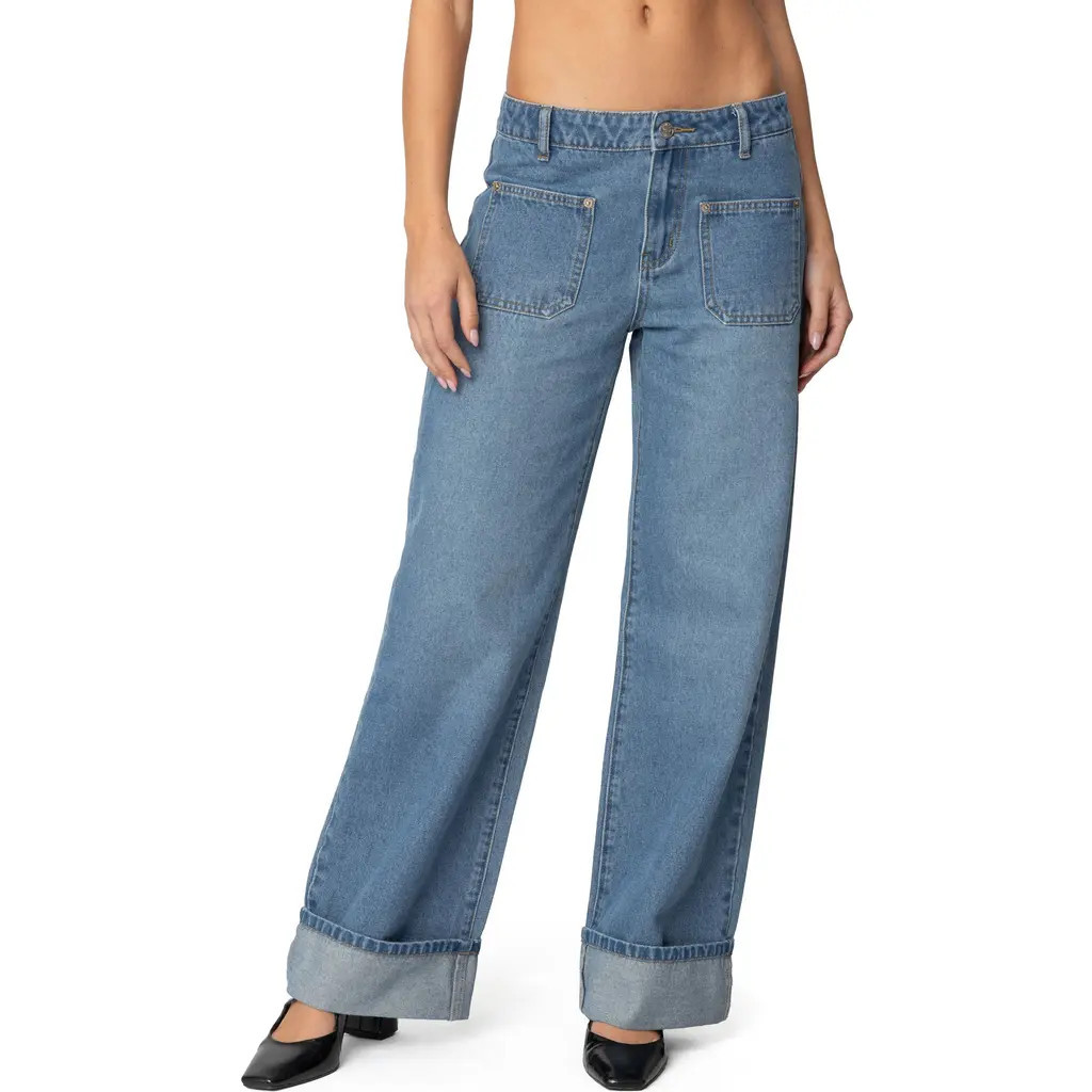 EDIKTED Madi Cuffed Wide Leg Jeans in Blue at Nordstrom, Size Large | Nordstrom