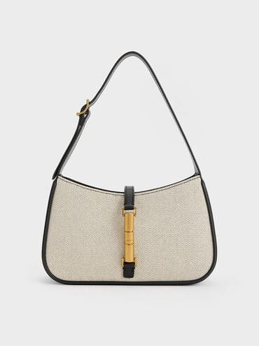 Black Cesia Canvas Metallic Accent Shoulder Bag | CHARLES & KEITH | Charles & Keith CA