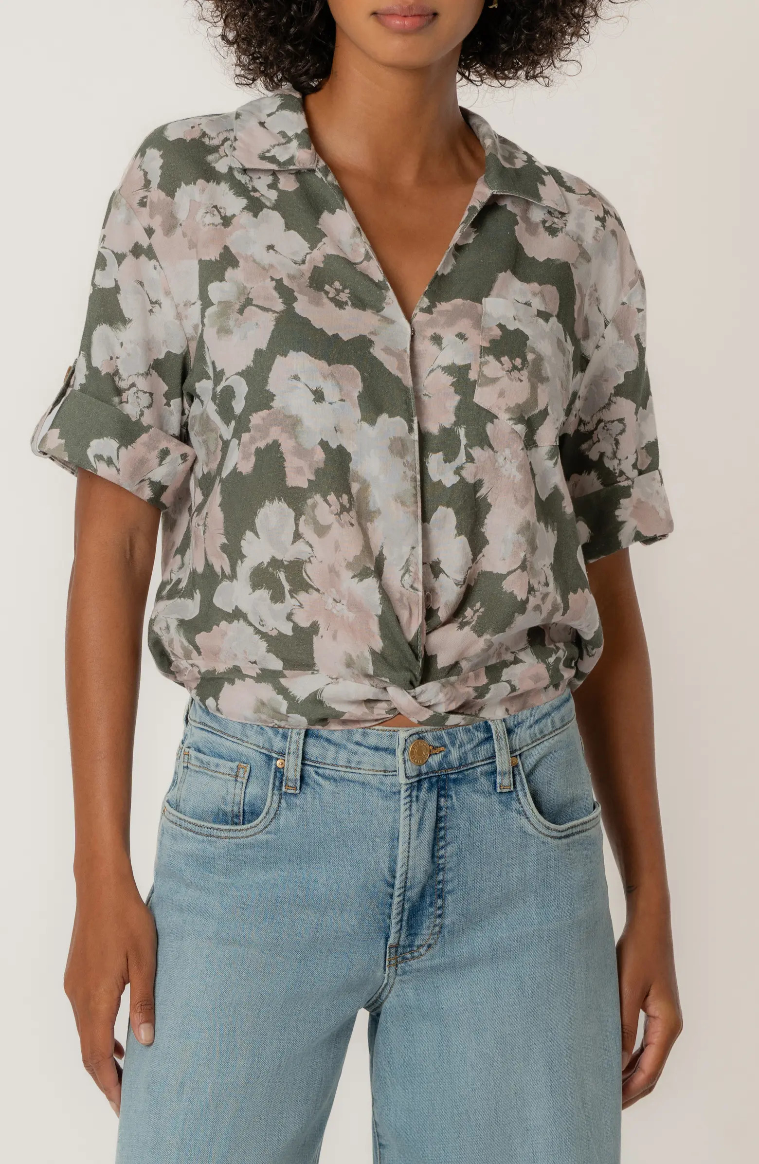 Rebel Printed Knot Front Linen Blend Top | Nordstrom