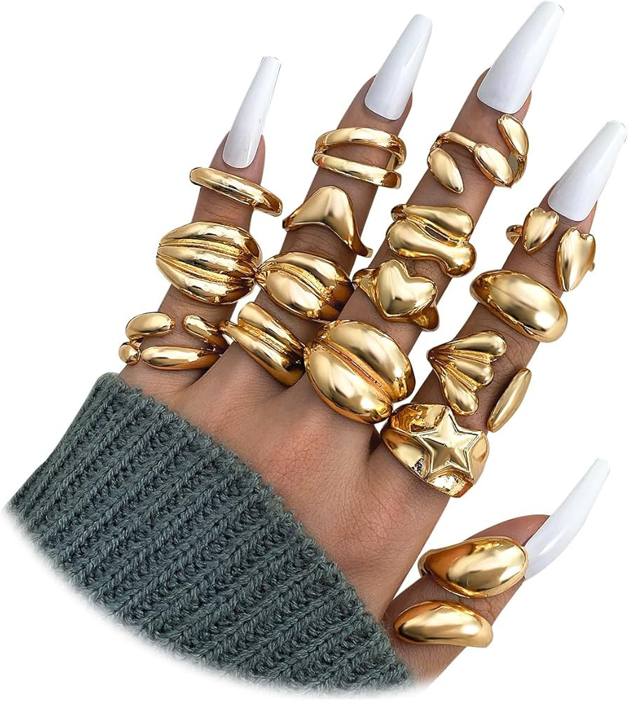 16 Pcs Chunky Gold Rings Set for Women, Classic Thick Adjustable Rings, Stackable Midi Finger Wom... | Amazon (US)