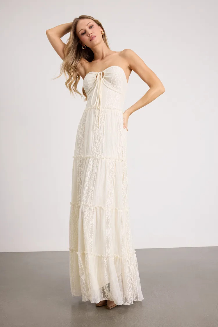 Nora Ivory Lace Strapless Tiered Maxi Dress | Lulus