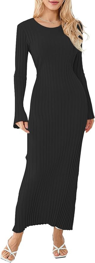 Sunloudy Women Crewneck Knit Maxi Dress Bell Long Sleeve Ruched Ribbed Bodycon Long Sweater Dress... | Amazon (US)