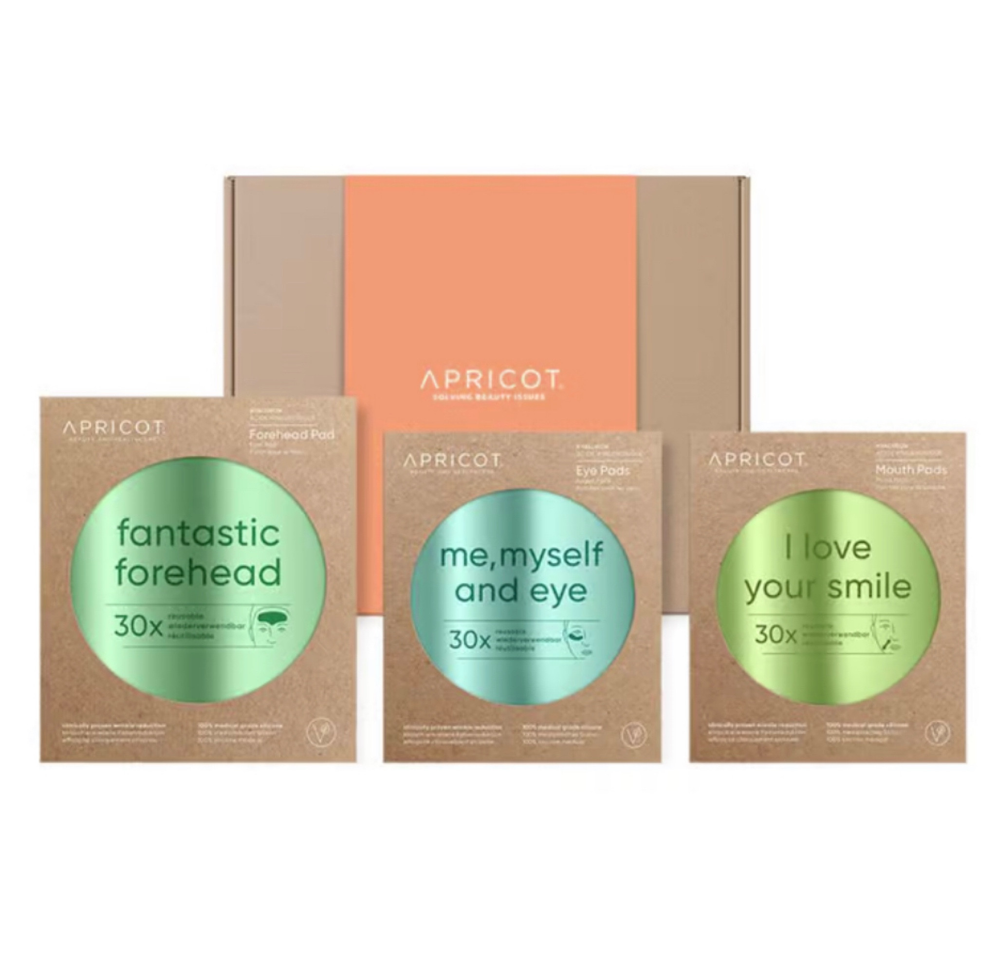 APRICOT Beauty Box Face Set
20% off plus free gift #veganbeauty

Your facial expression says so much about you and reflects your emotions. Our Beauty Box Face takes care of all the laughter wrinkles, worry wrinkles and thinking wrinkles caused by your facial expressions. And you and your well-being!- Eye Pads - me, myself and I- Mouth Pads - I love your smile- Forehead Pad - fantastic foreheadAll pads are made of pure medical silicone with highly effective hyaluronic acid and are reusable up to 30 times.