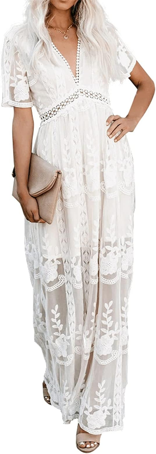 amropi Womens Deep V Neck Short Sleeve Floral Lace Dress Long Bridesmaid Maxi Dresses | Amazon (US)