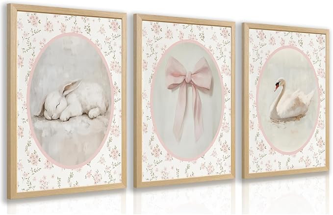 CAZLOUC Pink Nursery Wall Art Set of 3, Pink Bow Baby Girl Wall Decor, Cute Animal Rabbit Swan Po... | Amazon (US)