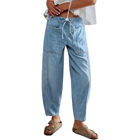 Women Casual Loose Cropped Pants Denim Bloomers Elastic Waist with Pockets | Amazon (US)