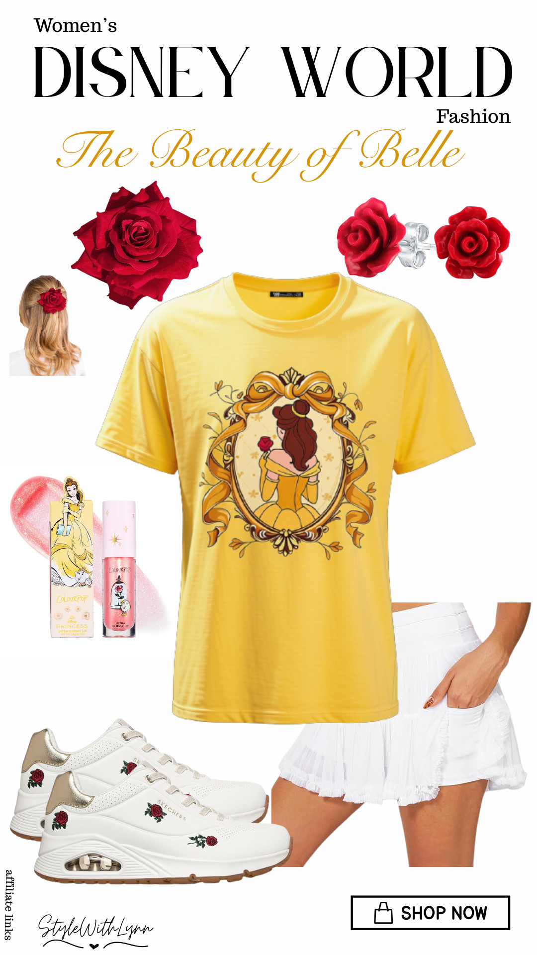 🌹 Channel your inner princess with this timeless Belle-inspired Disney World outfit! ✨💛

If Beauty and the Beast is your favorite Disney classic, this elegant outfit is made for your next magical day at Magic Kingdom. The Belle-inspired graphic tee paired with a flirty white skirt creates the perfect princess look, while rose-embroidered sneakers add comfort for walking the parks from rope drop to fireworks. Finish the outfit with a red rose hair clip, delicate rose earrings, and Beauty and the Beast-inspired accessories for a look that's both enchanting and park-ready.

Whether you're meeting Belle at Enchanted Tales with Belle, dining at Be Our Guest Restaurant, or capturing photos in front of Cinderella Castle, this outfit brings storybook style to life. 🌹✨ 

 #DisneyWorldOutfit #BelleInspired #BeautyAndTheBeast #DisneyPrincess #DisneyStyle #DisneyFashion #MagicKingdom #DisneyBound #PrincessStyle #DisneyOutfitIdeas #DisneyMom #DisneyCreator #DisneyInspiration #DisneyVacation #BeOurGuest #EnchantedTalesWithBelle #DisneyParks #AmazonFashion #LTKCreator #StyleWithLynn #DisneyStyleInspo #ThemeParkStyle #DisneyAesthetic #PrincessOutfit #WaltDisneyWorld #LTKootd #LTKTravel