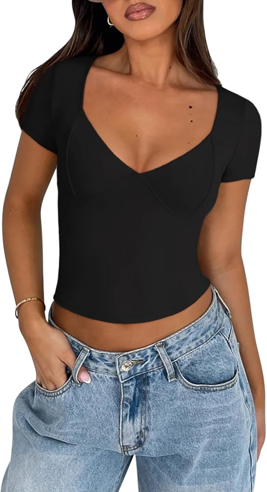 REORIA Women's Sexy V Neck Short Sleeve T-Shirt Double Lined Seamed Cup Going Out Fitted Basic To... | Amazon (US)