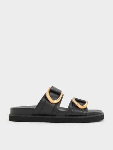 Black Gabine Buckled Leather Slides | CHARLES & KEITH | Charles & Keith US