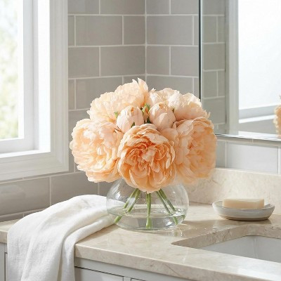 Champagne Artificial Peony Bouquet with Glass Vase & Faux Water - Lifelike Floral Arrangement for Home & Wedding Decor | Target