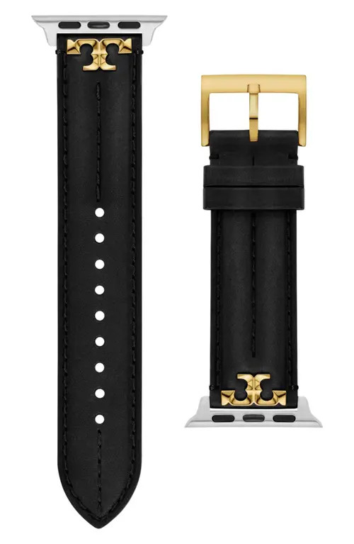 Tory Burch The Kira Leather 20mm Apple Watch® Watchband in Black at Nordstrom | Nordstrom